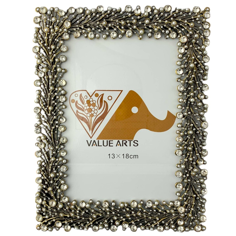 Brass Rectangular Picture Frame, Austrian Crystals, Tabletop, Holds 5 x 7 Photo